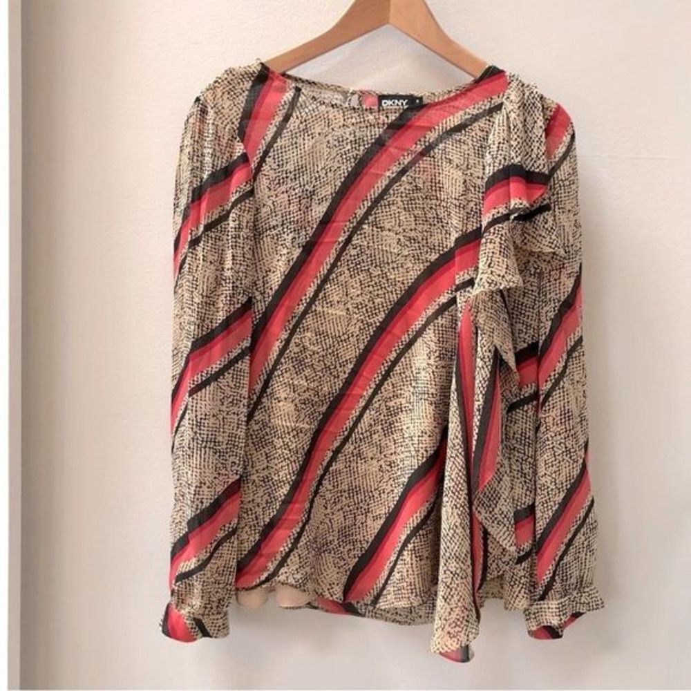 DKNY bold stripe patterned ruffle front blouse size M